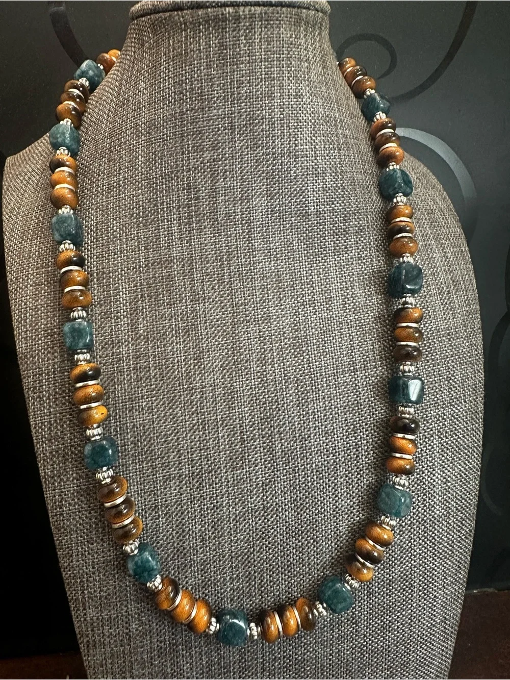 Beaded Crackle Quartz and Tiger Eye Necklace For Men.